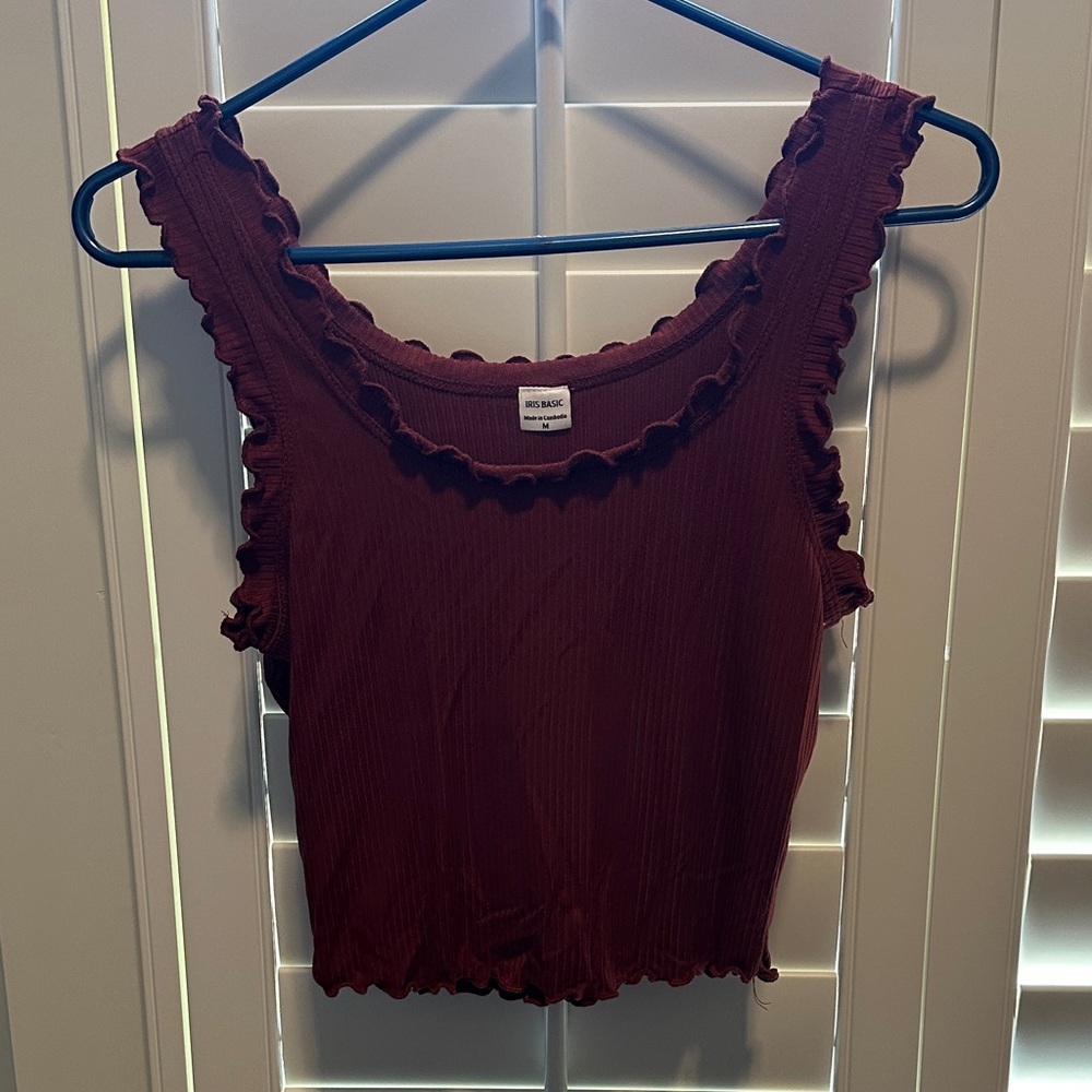 Iris Basic Ruffled Burgundy Tank Top